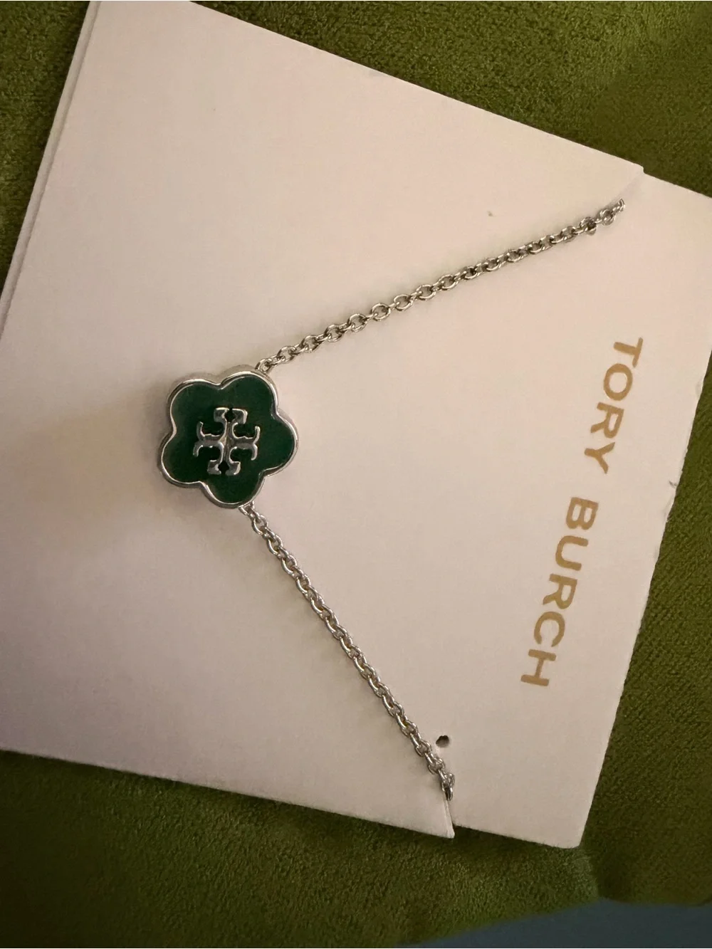 Tory Burch Green Clover Logo Pendant Necklace with Silver Chain 16-18 inches